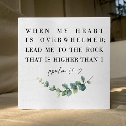 When My Heart Is Overwhelmed Bible Verse Artwork Wood Box Sign Rustic Farmhouse Style Psalm 61 : 2 Christian Wood Block Plaque 5 X 5 Inches Home Office Desk Sign Decor for Presents