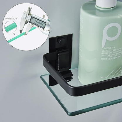 AIJALY 3 Pack Bathroom Glass Shelf,Aluminum Tempered Glass 0.34in Extra Thick Rectangular 1 Tier Storage Organizer Wall Mount,Black 15.7in