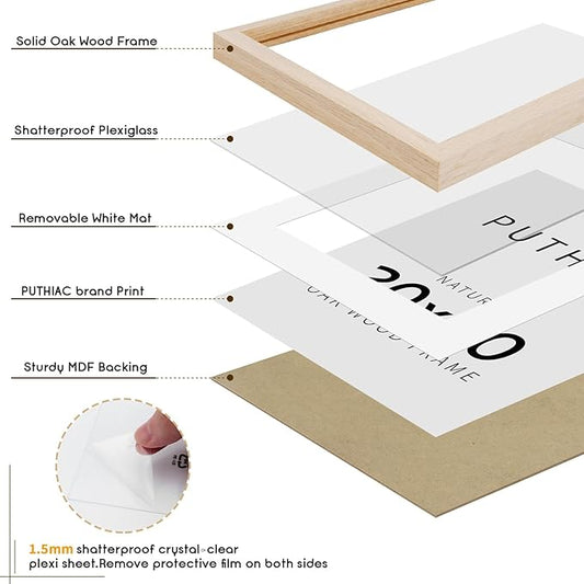 puthiac 20x20 Solid Oak Wood Picture Frame, Fits 16x16 with Mat or 20x20 Without Mat, Wall Display Only, Plexi Front, 3 Pack, Natural Oak