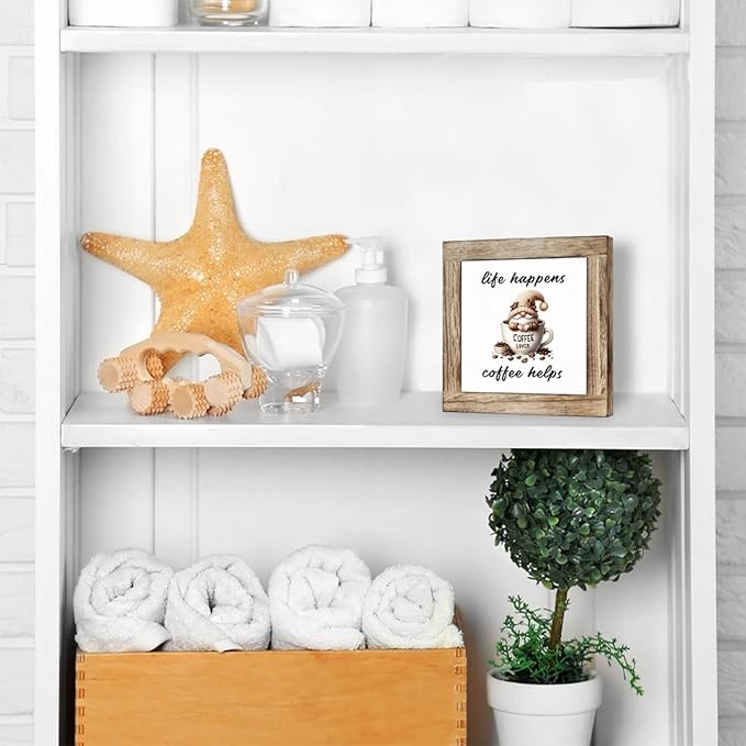 Coffee Bar Decor, Life Happens Coffee Helps Wooden Box Sign, Funny Gnome Wooden Block Sign, Bar Decorations for Home, Rustic Wood Table Top Decor 5.9×5.9 inch