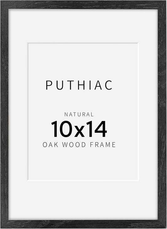 puthiac 10x14 Solid Oak Wood Picture Frame, Fits 8x10 with Mat or 10x14 Without Mat, Wall Display Only, Vertical or Horizontal, Plexi Front, 1 Pack, Black