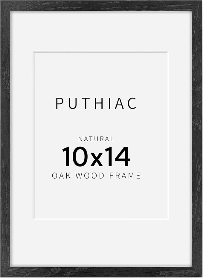 puthiac 10x14 Solid Oak Wood Picture Frame, Fits 8x10 with Mat or 10x14 Without Mat, Wall Display Only, Vertical or Horizontal, Plexi Front, 1 Pack, Black