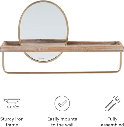 Linon Gourli Modern Farmhouse Gold Metal and Wooden Wall Shelf with Mirror