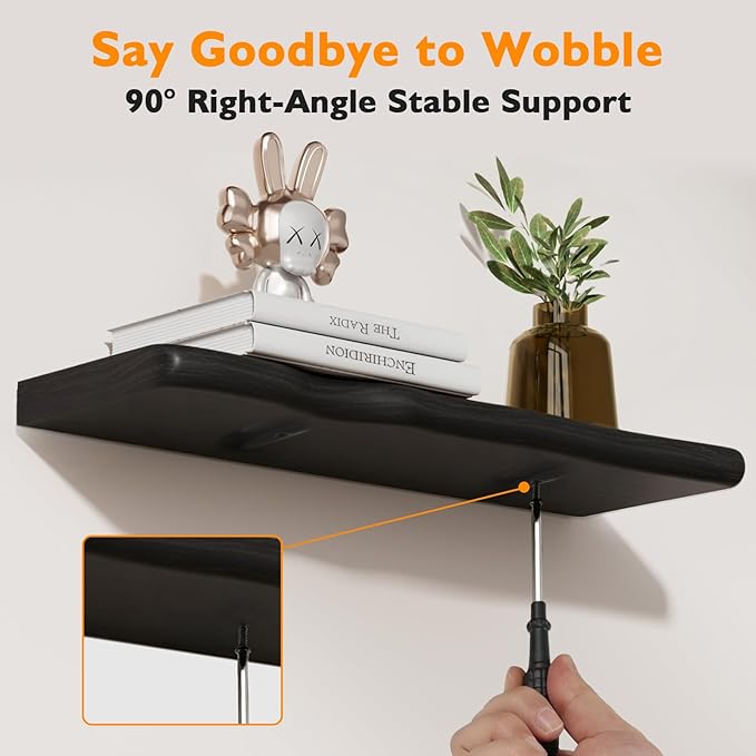 Floating Shelves for Wall Rustic Farmhouse 24 Inch Floating Shelf Bathroom Wooden Shelves for Wall Mounted Live Edge Pine Shelf with Unique Natural Grain for Living Room Bedroom Kitchen (Black)