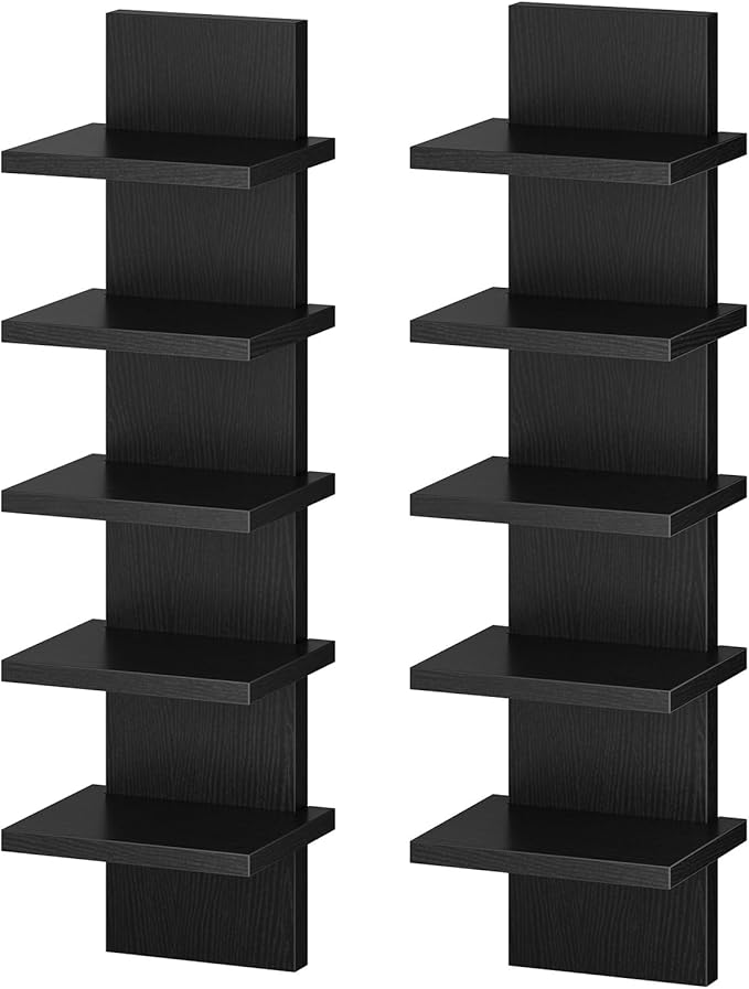 HOOBRO 5 Tier Wall Shelf Unit, 2 Pack Floating Shelves Wall Mounted, Wall Mount Vertical Shelving, Floating Storage Rack, Organizer Tall Tower Design for Livingroom, Bedroom, Kitchen, Black BB18BJP201