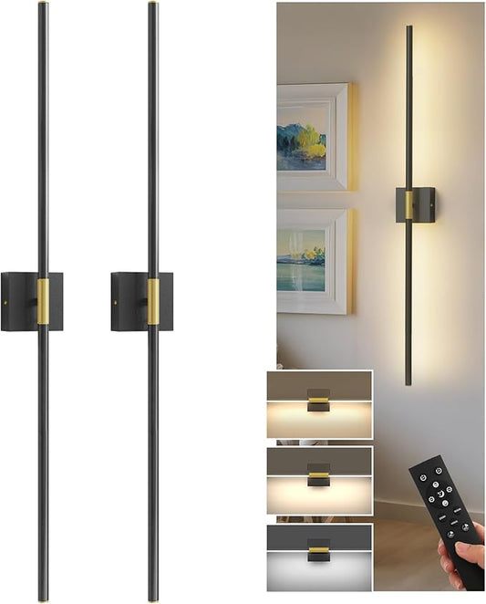 L LOHAS LED Battery Operated Wall Sconces Set of 2, Battery Wall Sconce 10000mAh, Gold and Black Rechargeable Sconces 3CCT, 31.6 Inch Wireless Wall Lights, Sconce Wall Decor for Bedroom, Living Room