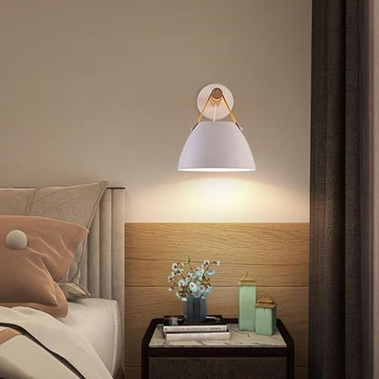 Modern White Wall Sconce Wood and Leather Accent Bedside Light Hardwired Minimalist Wall Lamp E26 Base Light Fixture for Bedroom Living Room Hallway Entryway Accent Lighting Scandinavian Style