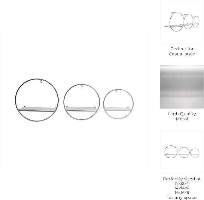 Set of 3 Metal and Wood Round Wall Shelves – Floating Storage Shelves for Wall, Living Room or Bedroom Wall Decor, Modern Circular Wall Storage, Home Decor – 16 & 14 & 12" Silver Metallic Finish