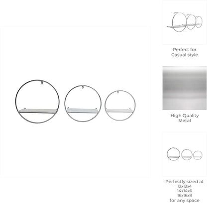 Set of 3 Metal and Wood Round Wall Shelves – Floating Storage Shelves for Wall, Living Room or Bedroom Wall Decor, Modern Circular Wall Storage, Home Decor – 16 & 14 & 12" Silver Metallic Finish