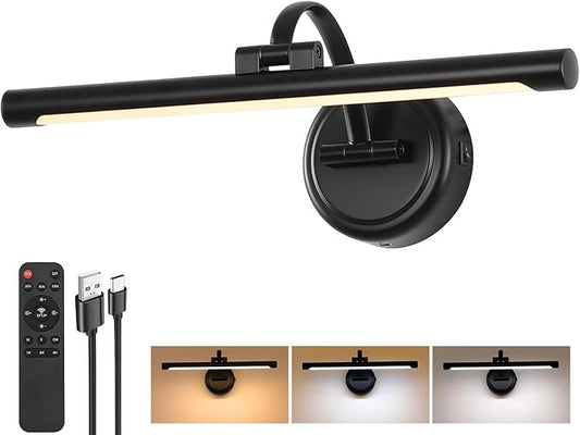 Rechargeable Picture Light for Wall, Cordless Art Lights Battery Operated, Dimmable Wall Light with Remote & Timer, 3 Color Modes for Paintings, Gallery, Artwork(Black, 15.7inch)