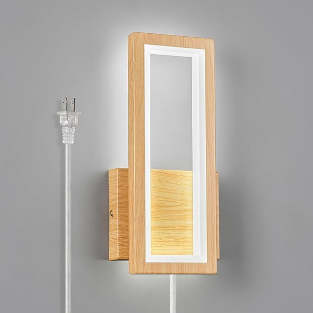 Modern Wood Color Plug in Wall sconces 18W Indoor LED Simple Wall Fixture 6000K Rectangle Vanity Wall Lights for Living Room Bedroom Hallway Stairs(1Pack)
