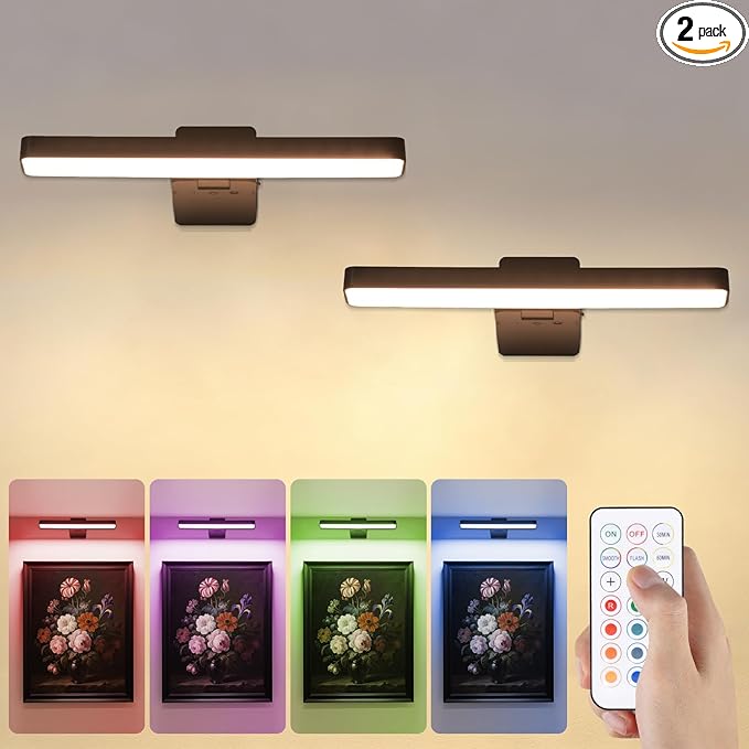 Picture Lights for Wall Battery Operated Black Wireless Art Light for Paintings, Rechargeable Display Lighting for Picture with Remote Control, RGB Poster Lights for Frame, Gallery, Portraits, 2 Pack