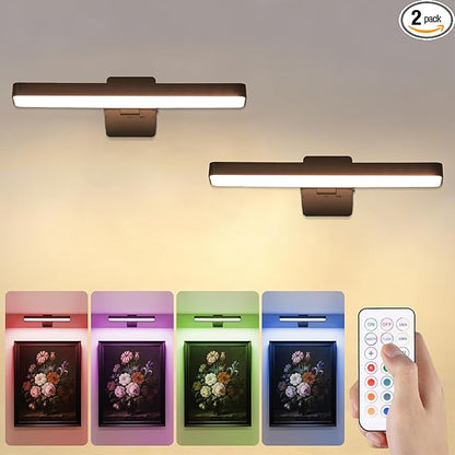 Picture Lights for Wall Battery Operated Black Wireless Art Light for Paintings, Rechargeable Display Lighting for Picture with Remote Control, RGB Poster Lights for Frame, Gallery, Portraits, 2 Pack