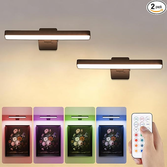Picture Lights for Wall Battery Operated Black Wireless Art Light for Paintings, Rechargeable Display Lighting for Picture with Remote Control, RGB Poster Lights for Frame, Gallery, Portraits, 2 Pack