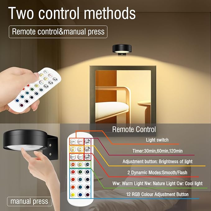 Xuolder Picture Lights for Wall,2000mAh Rechargeable Battery Poster Lights LED Magnetic Painting Light with Remote Control,3 Color Temps&12 RGB Timer Dimmable Wall Light for Art Display Wall Decor