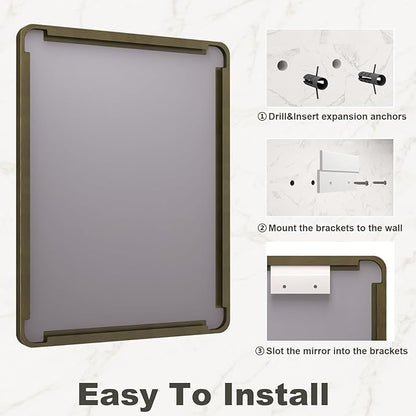 55x36 Bronze Framed Bathroom Mirror, Rectangle Brushed Bronze Metal Vanity Mirror, Large Modern Mirror for Wall, Rounded Corner, Tempered Glass, Anti-Rust, Shatterproof (Horizontal/Vertical)