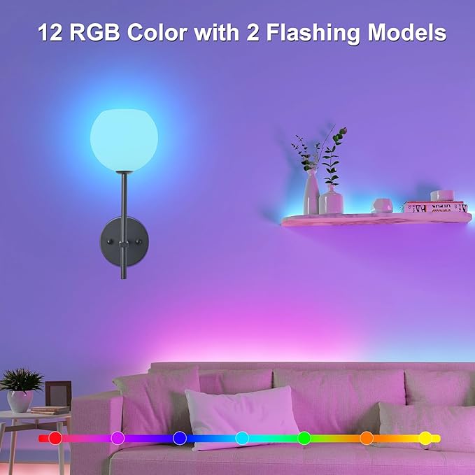 Black Battery Operated Wall Sconces Set of 2, Rechargeable Wireless Wall Lights with Milky White Frosted Glass Shade, 12 RGB and 3CCT Dimmable, Wall Lamps with Remote for Bedroom Living Room Hallway