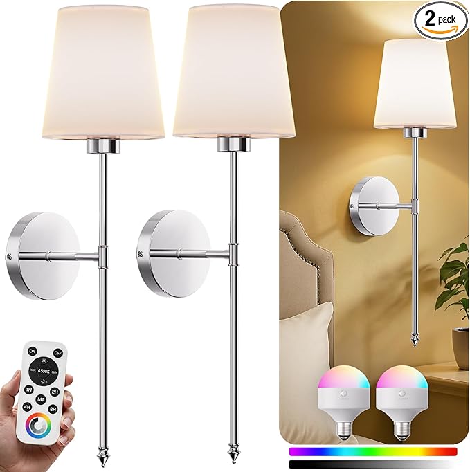 Wall Sconces Battery Operated Set of 2, Rechargeable Wall Sconce, 10 Colors Wireless Wall Sconces Set of Two, 5200mAh Dimmable Bulbs and Remote for Bedroom Living Room Hallway (24 inch-Brushed Nickel)