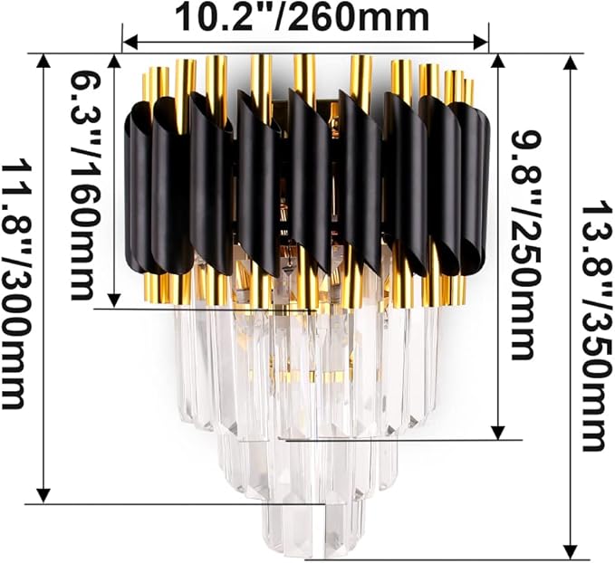 FRIXCHUR Crystal Wall Sconce Black Modern Lamp Mounted Light Fixture for Bedroom Bedside Living Room Hallway Bathroom 2X E12 Base