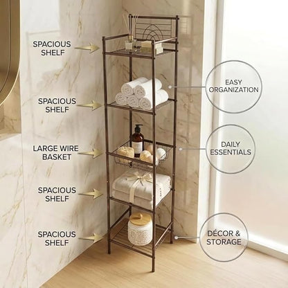 Bath Bliss 5 Tier Storage Shelf | 13"x 11.6"x 54.5" | Freestanding | Bathroom Storage | Rust Resistant | Easy Assemble | Oil Rubbed Bronze