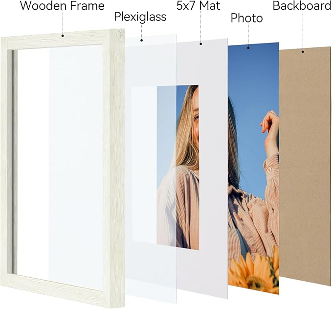 Vittanly 8x10 Picture Frames Set of 4, Display Pictures 5x7 with Mat or 8x10 without Mat, Gallery Frame Set for Wall or Tabletop Display, Engineered Wood with Shatter Resistant Plexiglass, Whitemist