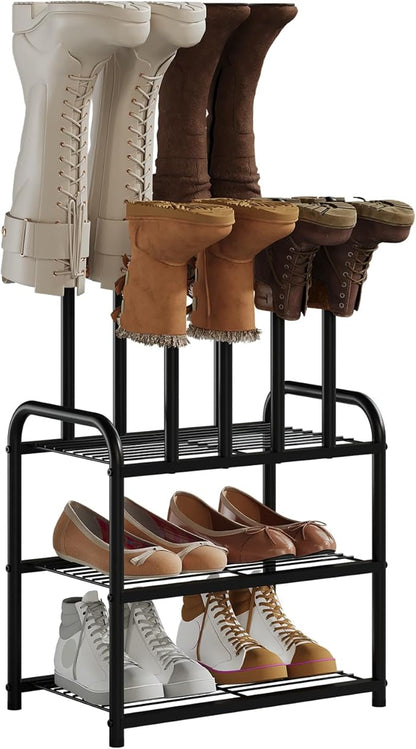 Shoe Rack - 3-Tier Metal Boot Rack Organizer for Entryway, Closet & Garage, Free Standing Shoe Shelf for Storage Tall Boots, Sneakers, Cowboy Boots, Black (Small - 4 Pairs)