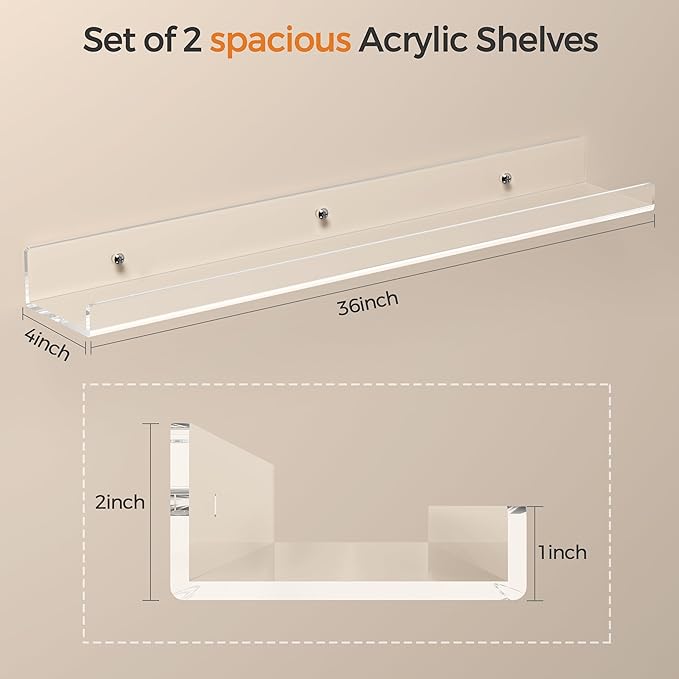 36 Inches Clear Acrylic Floating Shelves Wall, Bookshelf for Kids, Nursery Book Shelves, Magazine Rack, Picture Ledge Shelf for Photo Frames Vinyl Records, Pack of 4
