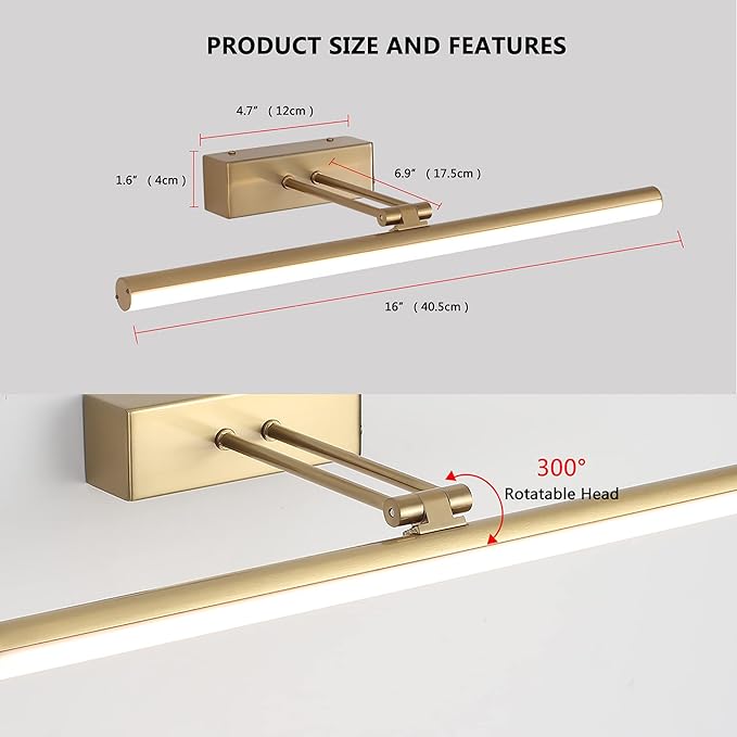 Picture Light,16inches Rechargeable Wireless Picture Light,Dimmable Led Artwork Lighting,Wall Lights for Paintings,Canvas,Gallery, Portrait (Brass)