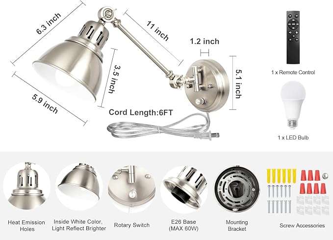 1 Pack Plug in Wall Sconce with Remote Control, Dimming, Adjustable Colors 2700K-6500K, Plug in Wall Light, Swing Arm Wall Lamp with Night Light & Timer, LED Bulb Included, Brushed Nickel