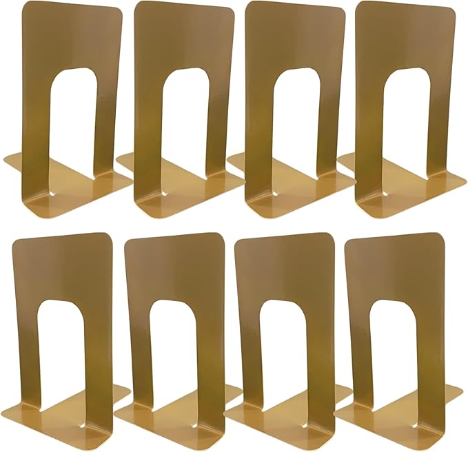 Alessk 8 Pieces Gold Bookends for Shelves, Heavy Duty Metal Bookends Supports Heavy Books, Decorative Gold Stops for Home or Office Decoration - 4 Pairs.