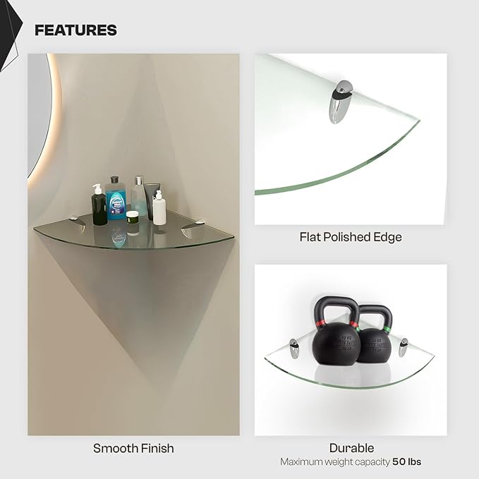 Fab Glass and Mirror Corner Glass Shelf, 6" x 6", Clear