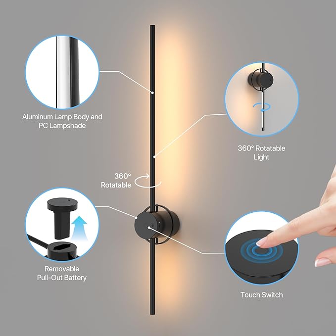 Wall Sconces Set of Two Battery Operated, Rechargeable Wall Sconces with Remote&Touch Control USB Charge, Dimmable Wall Sconce 3 Color Timer 31 inch Wall Sconce for Living Room Bedroom, 2Pack