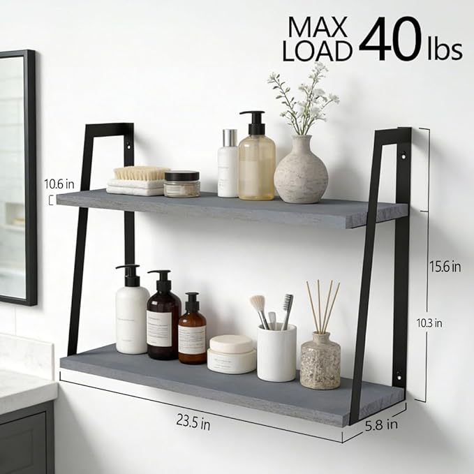SRIWATANA Floating Wall Shelves, 2-Tier Rustic Wood Shelves for Bedoom, Bathroom, Living Room, Kitchen (Weathered Gray)
