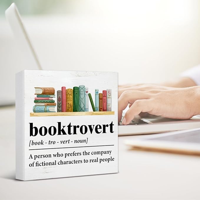 Book Lover Decor Rustic Booktrovert Definition Wooden Sign Decorations Home Book Room Library Desk Table Shelf 5×5 Inches, Gifts for Book Lovers Readers