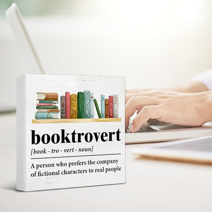 Book Lover Decor Rustic Booktrovert Definition Wooden Sign Decorations Home Book Room Library Desk Table Shelf 5×5 Inches, Gifts for Book Lovers Readers