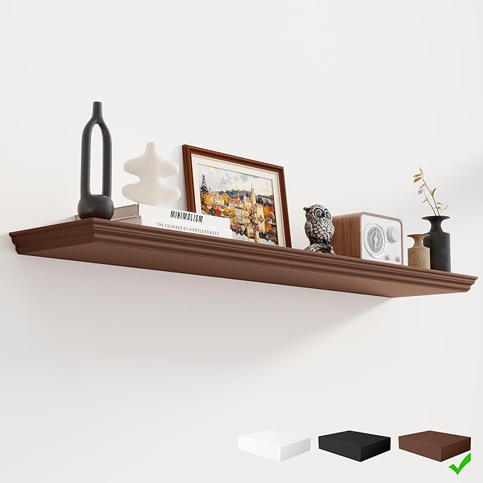 Fun Memories Floating Shelves 48 Inch Long, 9.3 Inch Deep Classic Crown Molding Floating Shelves for Wall, Rustic Wooden Shelves for Wall Decor Bathroom, Kitchen, Office, (Walnut, 1Pack)