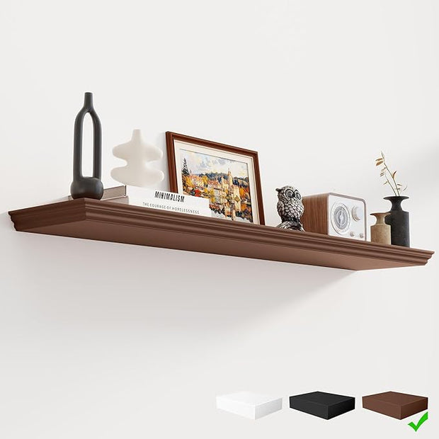 Fun Memories Floating Shelves 48 Inch Long, 9.3 Inch Deep Classic Crown Molding Floating Shelves for Wall, Rustic Wooden Shelves for Wall Decor Bathroom, Kitchen, Office, (Walnut, 1Pack)