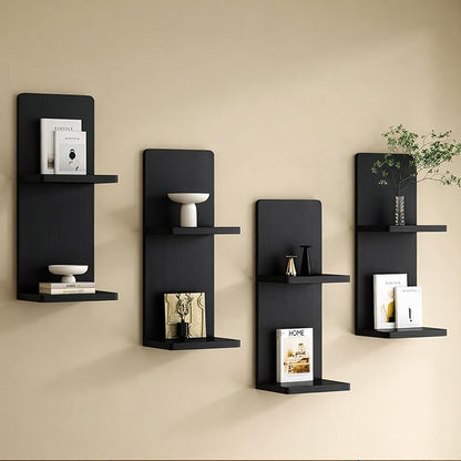 Floating Wall Shelves Set of 2, Black Solid Wood Double Layer Wall Mounted Shelf, 20 x 8 x 6 Inches, Modern Storage for Bedroom, Bathroom, Kitchen, Home Decor, Plants & Cosmetics