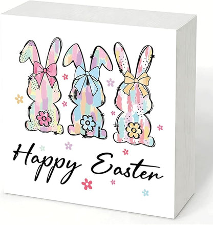 Easter Desk Decorations Happy Easter Wooden Sign, Spring Bunny Farmhouse Tabletop Decor, Easters Holiday Shelf Plaque for Home Office Kitchen 5x5 Inch
