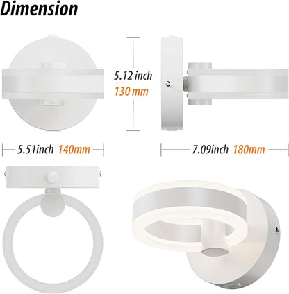 LED Wall Sconces with ON/Off Switch, White Rotatable Hardwired Wall Light Fixtures, Built in USB Charging Port, Modern Wall Decor for Bed Lighting.