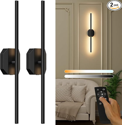 Wall Sconces Set of Two Battery Operated Wall Sconce,Wireless Wall Light USB Rechargeable Wall Light with Remote Control,3000K-6000K Dimmable for Bedroom,Living Room,Hallway,Background Wall Decor 32in
