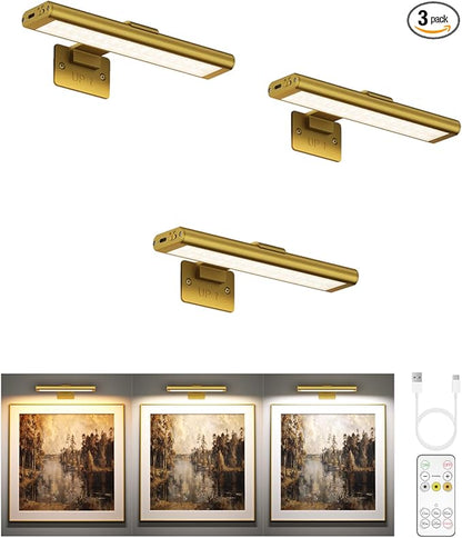 EZVALO Picture Light for Wall, Rechargeable 2400mAh Battery Lights Wireless Remote, 3 Color & Dimmable Magnetic 7.87'' LED Lights Display for Painting, Living Room, Gallery, Bedroom(Gold-3P)