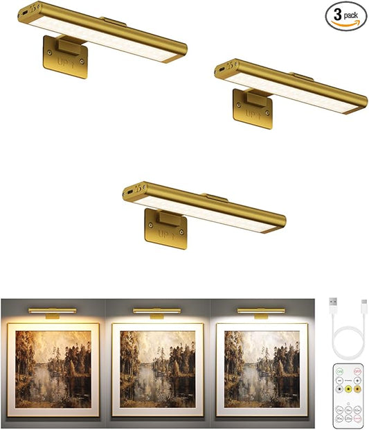 EZVALO Picture Light for Wall, Rechargeable 2400mAh Battery Lights Wireless Remote, 3 Color & Dimmable Magnetic 7.87'' LED Lights Display for Painting, Living Room, Gallery, Bedroom(Gold-3P)