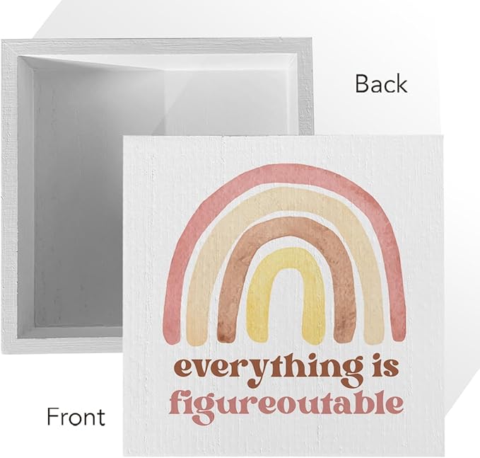 Motivational Rainbow Artwork Wood Box Sign Rustic Farmhouse Style Everything Is Figureoutable Wood Block Plaque 5 X 5 Inches Home Office Desk Sign Decor for Presents