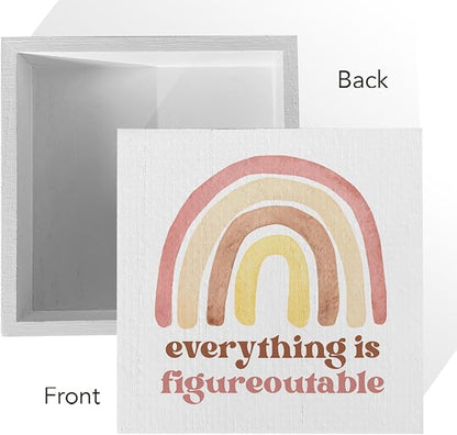 Motivational Rainbow Artwork Wood Box Sign Rustic Farmhouse Style Everything Is Figureoutable Wood Block Plaque 5 X 5 Inches Home Office Desk Sign Decor for Presents
