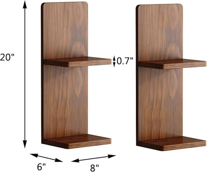 2-Tier Walnut Floating Wall Shelf of 2, 20x8x6 Wall-Mounted Wooden Beside Shelf/Nightstand for Home Décor, Plants, Cosmetics, Bathroom, Kitchen, Bedroom Storage