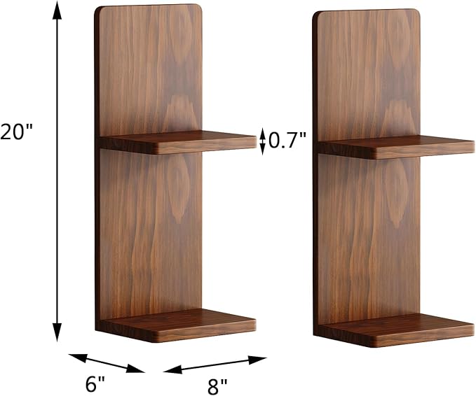 2-Tier Walnut Floating Wall Shelf of 2, 20x8x6 Wall-Mounted Wooden Beside Shelf/Nightstand for Home Décor, Plants, Cosmetics, Bathroom, Kitchen, Bedroom Storage