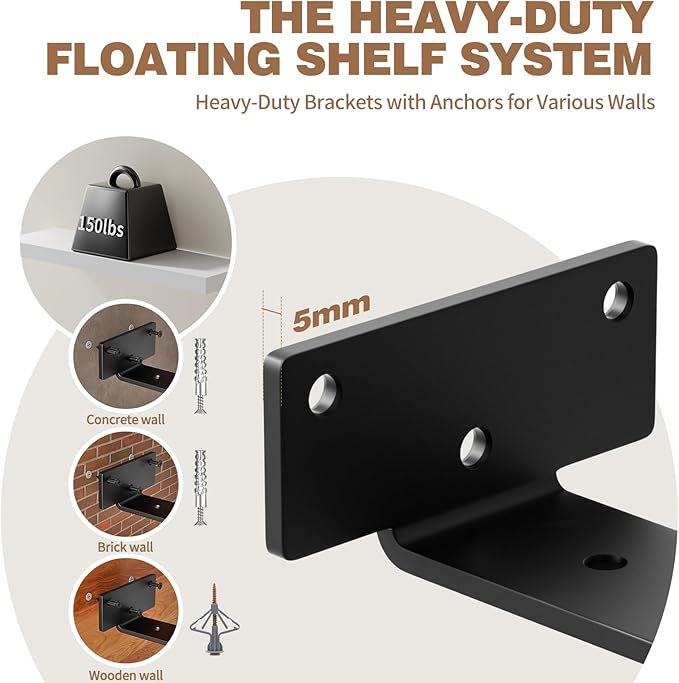Solid Wood Floating Shelves 24'' Long, 8'' Deep Wall Mounted Shelves with Heavy Duty Brackets, Max Load 150 lbs, Wall Shelves for Bathroom Kitchen Living Room, 24 x 8 x 1.6 in, White, Set of 2