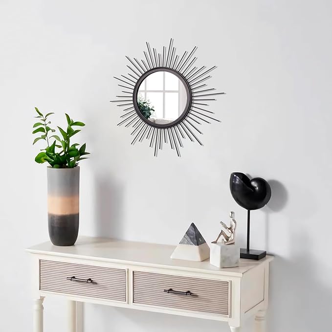 Sunburst Wall mirror Black Small Spoked Wall Decor Mirror Bohemian Home Round Modern Metal Wall Art Mirror for Living room Hallway Bedroom Bathroom Balcony Farmhouse Entrance 12