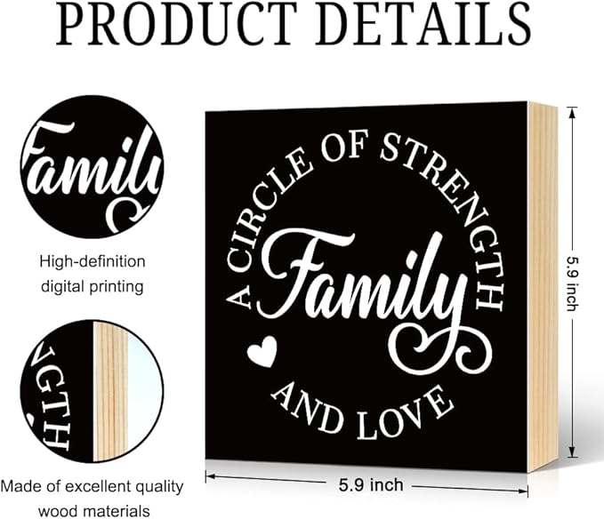 A Circle of Strength And Love Wooden Box Sign Rustic Wood Block Plaque Box Sign for Home Living Room Coffee House Bar Shelf Table Decoration, Family Decor Gifts for Mom Aunt Wife Friends
